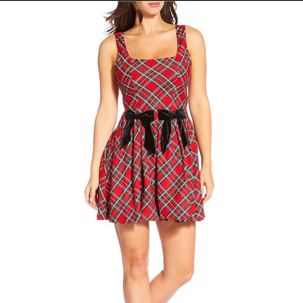 SUGARLIPS PLAID VELVET BOW FIT & FLARE DRESS